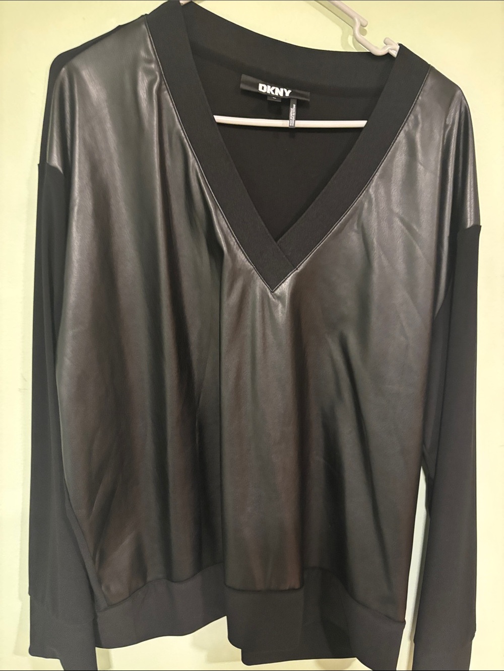 DKNY Black V-Neck Faux Leather Front Sweatshirt